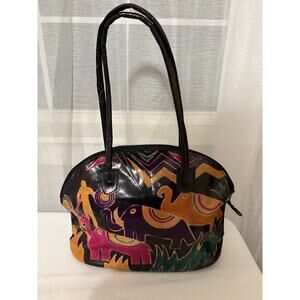 Leather Hand Painted Leather Shoulder Bag Elephants India Double Handle FLAWS